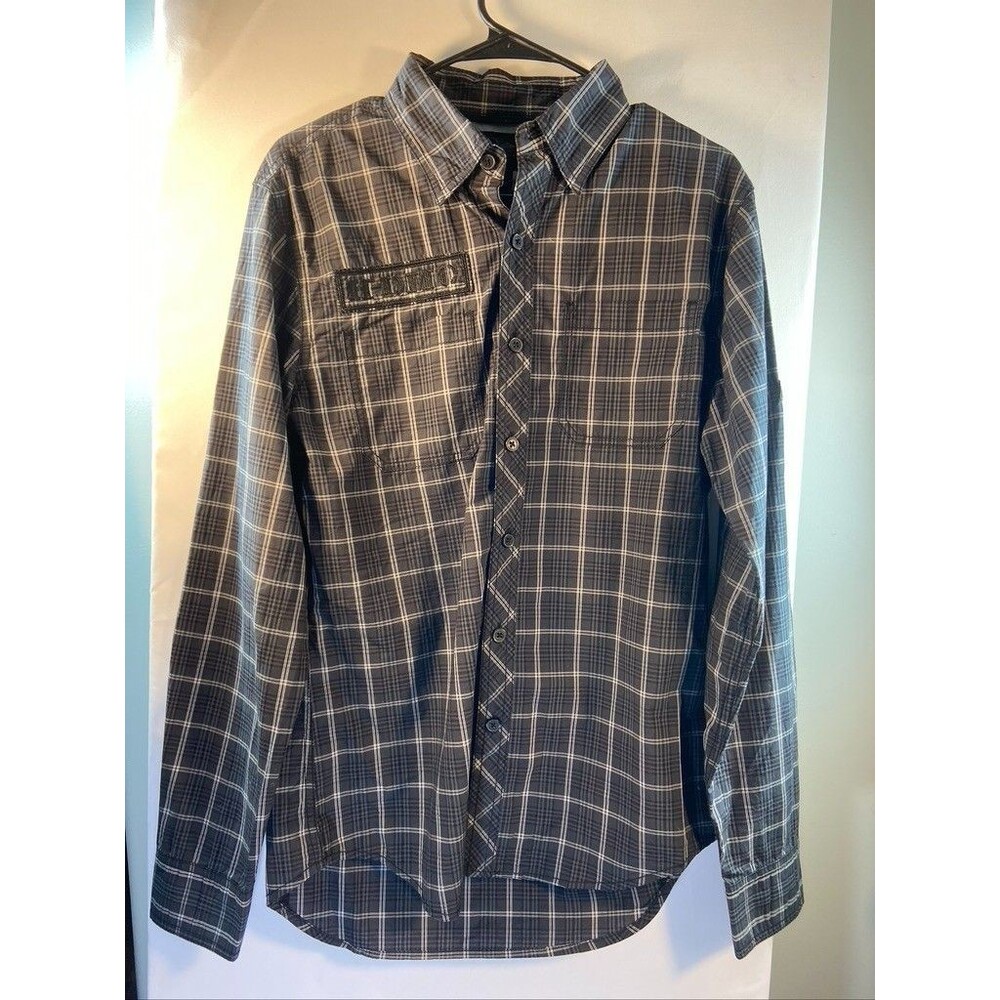 HARLEY DAVIDSON MENS SZ MEDIUM LONG SLEEVE BUTTON UP SHIRT LOGOS BLACK PLAID